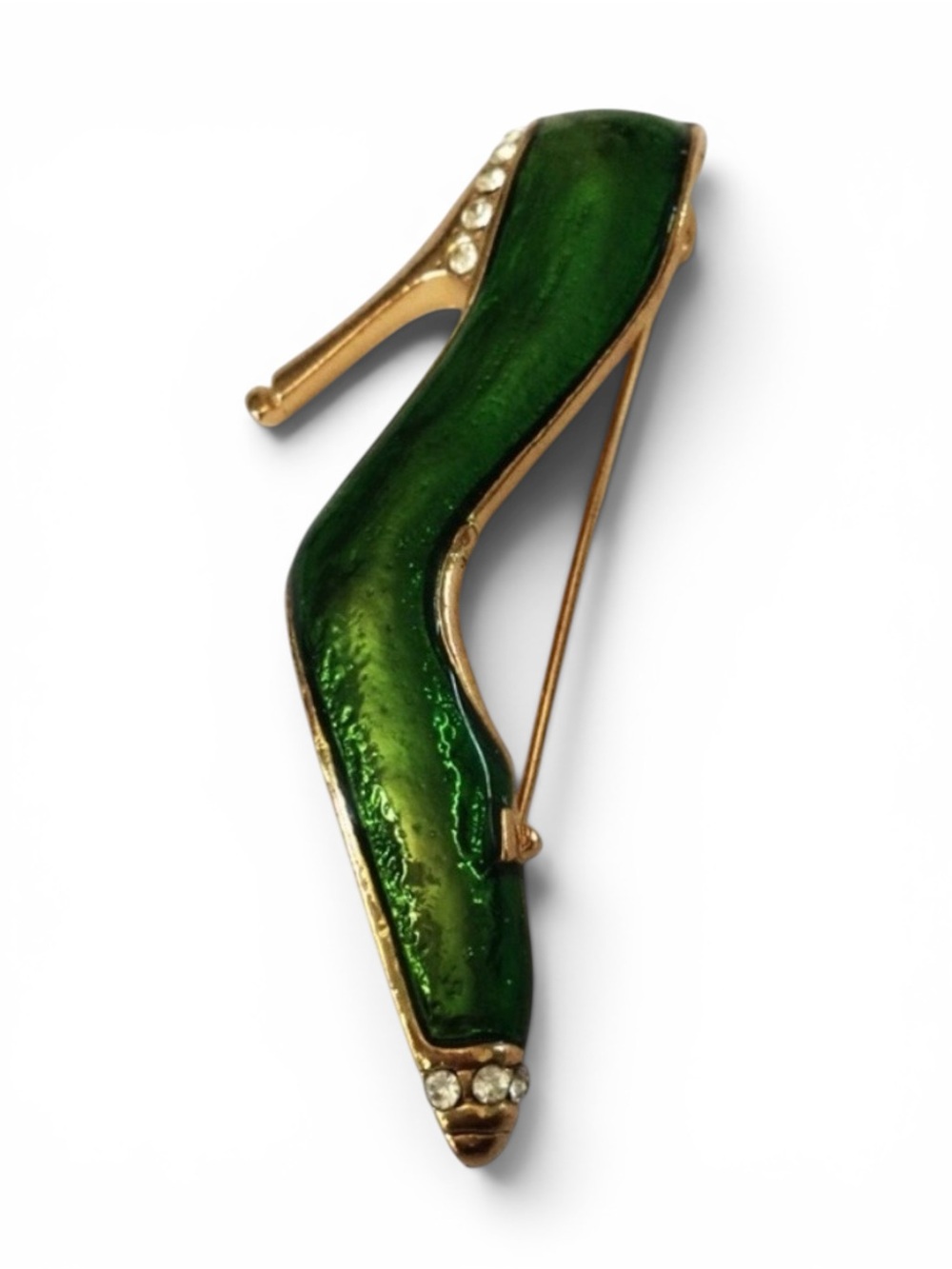 Vintage Green Enamel High‑Heel Shoe Brooch - Gold‑Tone w/ Rhinestones - Picture 7 of 11